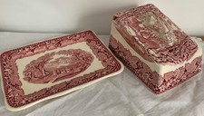 Vintage Masons Pink Red "Vista" -  Large covered cheese butter lidded dish
