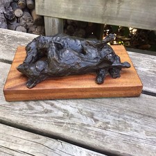 Vintage Modelled Metal Sculpture Of 2 Dogs Sleeping On Wooden Base - Signed