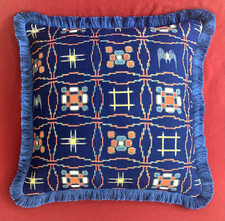 Welsh Blanket Style Blue Fringed Cushion Vintage Fabric NEW