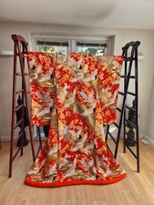 Japanese Silk Vintage Red Orange White Black Ceremonial Uchikake Wedding Kimono 