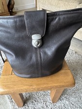 Dark Brown Leather Bucket Bag with Silver Clasp and Shoulder Strap