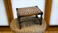 Antique Wooden Low Foot Stool Bobbin Turned Legs with Upholstered Tapestry Seat