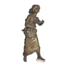 08D29 Antique Bronze Statue Of Woman Girl With Basket Art Nouveau For Clock