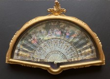 Antique Hand-Painted Mother-of-Pearl Fan Gilded Screen Shadow Box, Circa 1840s