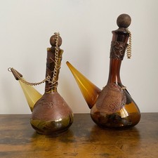 2x Vintage Spanish Wine Porrons Amber Glass with Embossed Leather Chain Stopper