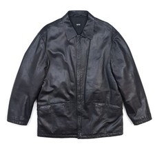 Hugo Boss Vintage Leather Jacket 42 52 Mens Large Black Mid Lenght Full Zip Coat