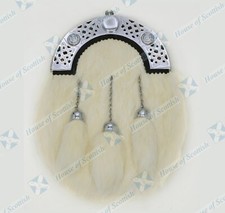 SCOTTISH RABBIT FUR DRESS SPORRAN CHROME CELTIC ARCH/CANTLE WITH 3 CAPPED TASSEL