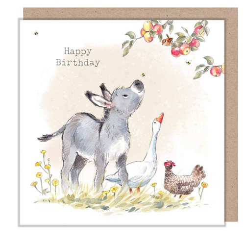 Donkey birthday card - donkey, hen