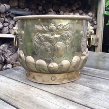 Large Antique Dutch Brass Log Basket Planter With Removable Liner & Lion Handles
