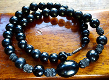 antique Victorian fancy carved Whitby Jet black bead necklace push clasp -216