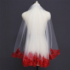 Ivory Bridal Wedding Veil With Red Trim Sequins & Comb Attached 100 cms long