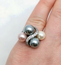 Faux Pearl Cluster Ring. Silver Tone, Pink, Grey & Cream Jewellery. Size N