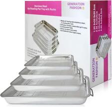 4 Pcs Professional Stainless Steel Roasting Trays Removable Rack Sturdy Handles 