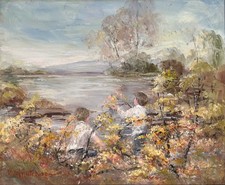 May Hutchison (Scottish 1918-2012): Children at the Lochside, oil on canvas