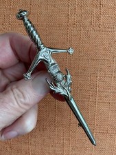 Vintage Scottish Kilt Pin Brooch, Large 9cm Sword Dirk, Celtic Knot, signed APS