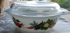 LOVELY VEGETABLE PATTERN VINTAGE JAJ PYREX ? GLASS CASSEROLE LIDDED DISH