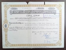 1957 Express Dairy Company Limited Share Certificate to Hitchon Leigh, Tonbridge