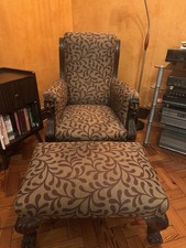 Antique Chair and Footstool Vintage Wooden Upholstered