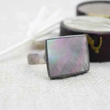 Vintage Sterling Silver Black Mother of Pearl Ring - Statement Minimalist