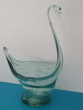 Mid Century Vintage Glass Swan Heavy Hand Blown Clear Art Glass MCM 12"Tall (E00