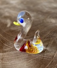 Vintage Miniature Whitby Lucky Duck Art Glass Figurine, Clear Red Yellow.