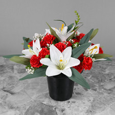 Grave Pot Artificial Silk Flowers Red Mini Carnations & White Lilies Arrangement