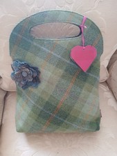 NESS NEW WOOL TWEED TARTAN CHECK TOTE BAG HANDBAG GREEN PINK HUES MEDIUM PRETTY 