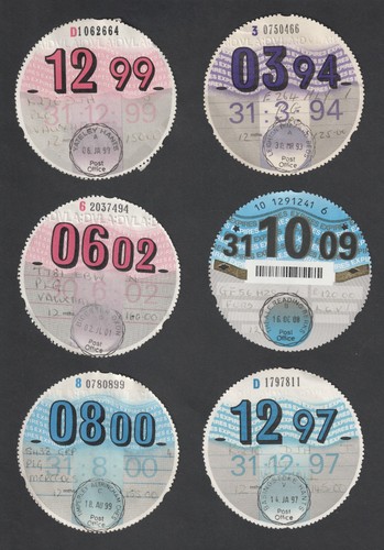 Six used tax discs disc - used,