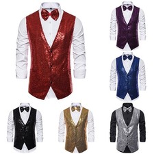 Classy V Neck Royal Blue Sequin Dress Vest for Men Slim Fit Glitter Waistcoat
