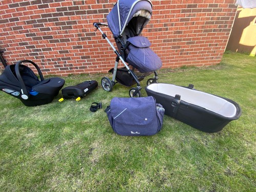 Navy silver cross pram and - pram,