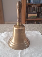 Antique Heavy Brass School Bell with Wooden Handle Good Working Order