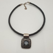 Vintage Miglio Silver Tone Pendant Necklace on Plaited Leather Cord Signed