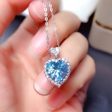 Blue Crystal Heart Pendant Necklace  925 Sterling Silver Women Girls Jewelry UK