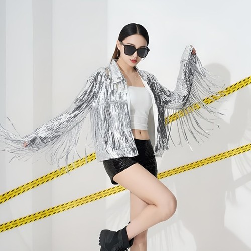 Sequin fringe jacket - jacket, glitter