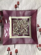 Vintage Pink MDINA Crushed Glass Dish Plate Square Signed Malta RARE 50 Years A+