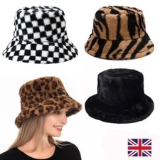 Soft Faux Fur Leopard Tiger Chess Plain Warm Bucket Bush Cloche Cap Hat