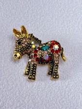 Vintage Donkey Brooch Gold Rhinestone Animal Jewelry Sparkly Costume Gift Xmas