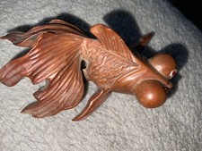 CHINESE HAND CARVED ROSEWOOD FANTAIL GOLDFISH KOI CARP FIGURE- RED & WHITE EYES