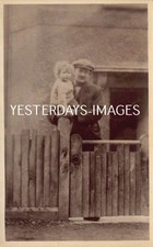 Working Man Flat Cap Garden Gate Holding Child People Postcard (515)
