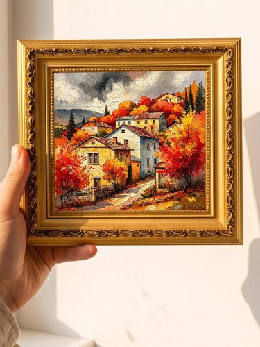 Autumn village red trees oil - red,