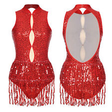 Woman Shiny Sequins Tassel Fringed Latin Leotard Dress Performance Dance Costume