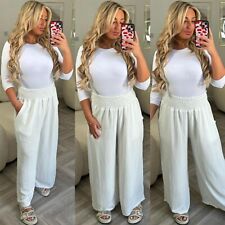 Womens High Waisted Pockets Harem Palazzo Wide Leg Casual Summer Trousers Pants