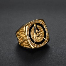 Masonic Ring Freemason Men's Stainless Steel Crystal Gold Mason G Pillar Cross