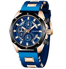 Mens Sports Dress Watch Fashion Quartz Blue Silicone Strap Wristwatch Boxed UK