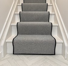 Carpet Stair Runner 7Mx60cm Colour LIGHT GREY Herringbone With Black Wool Edge.