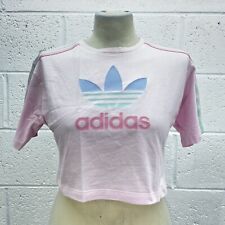 ADIDAS ORIGINALS PINK CROPPED TSHIRT GRAPHIC MULTI PRINT Y2K UK 9-10Y WOMENS S