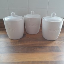 White Ceramic Inlayed Lidded Tea, Coffee, Sugar Jars, Canisters