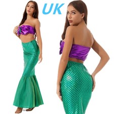 UK Women Mermaid Dress Costume Strapless Padded Crop Top +Fish Scale Print Dress