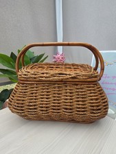 Vintage Boho Beautiful Large Cane Bamboo Wicker Two Handled Storage Basket 