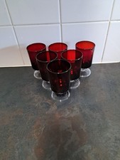 Set of 6 Luminarc Arcoroc France Cavalier Ruby Red Glasses with Clear Stems 70's